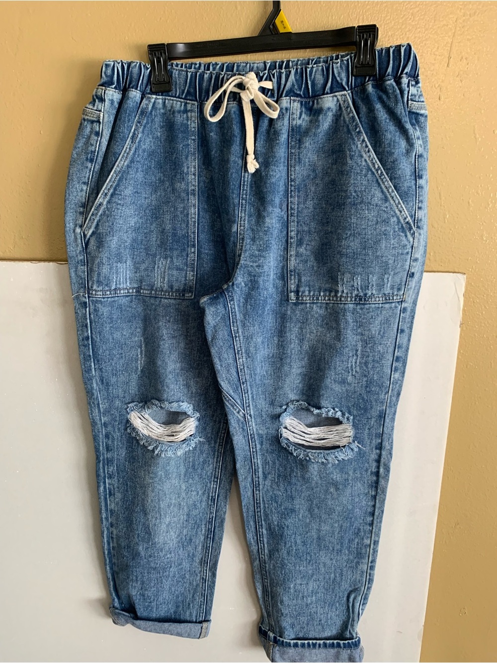 Amazon Women's Light Blue Distressed Drawstring Jeans